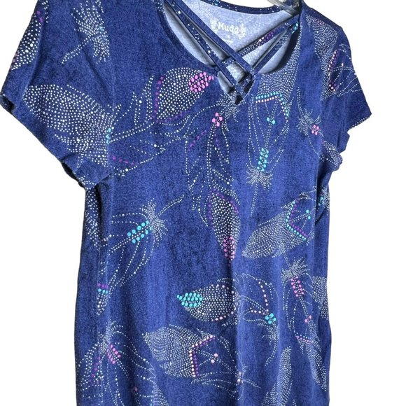 Mudd Women’s Relaxed Feathers Design Blouse Tee Blue Loose Fit Size 14 - Picture 3 of 6
